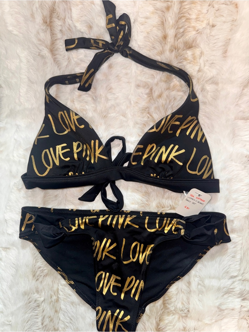 Vintage PINK Victoria's Secret Black & Gold 'Love PINK' Triangle Bikini XS
